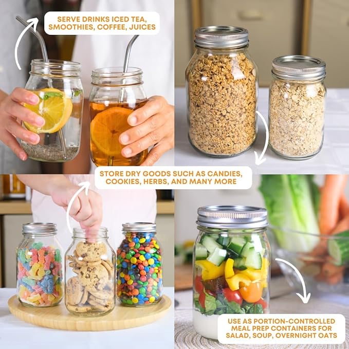 FastRack 16 oz Regular Mason Jars (Pack of 12) with 12 Lids & 1 Black Mason Jar Gripper | Glass Jars with Airtight Lids | Large Mouth Glass Jar for Food Storage, Canning, Fermentation, Pickling