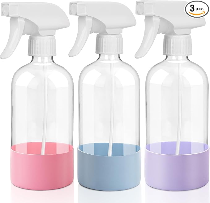 UUJOLY Plastic Spray Bottle Trigger Empty Spray Bottles Clear Refillable Container for Water, Essential Oils, Hair, Cleaning Products, Adjustable Head Sprayer and Stream, Pink + Light Blue + Purple