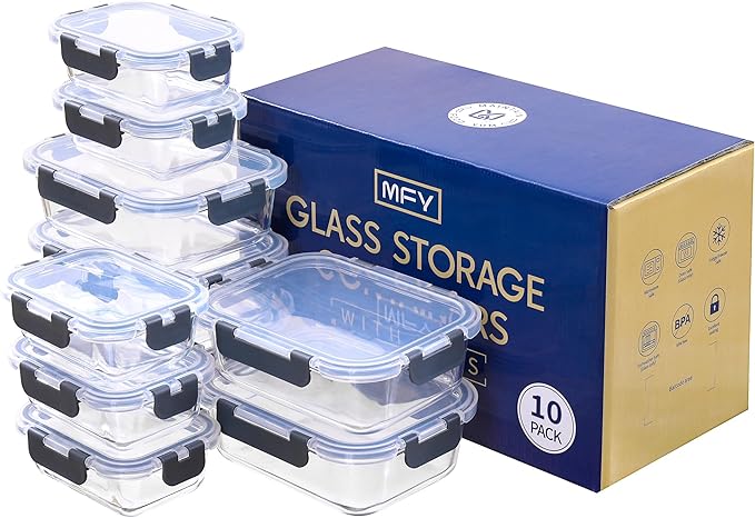 MFY 10-Pack Glass Storage Containers with Lids, Glass Meal Prep Containers Set, Airtight Lunch Containers with Lids, Microwave, Oven, Freezer and Dishwasher Safe, Gray