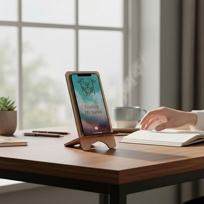 Design Your Own Phone Stand Personalized Wooden Holder Custom Pet Name Engraved Handmade Desk and Home Accessory Gift (Resting My Barks Pitbull)