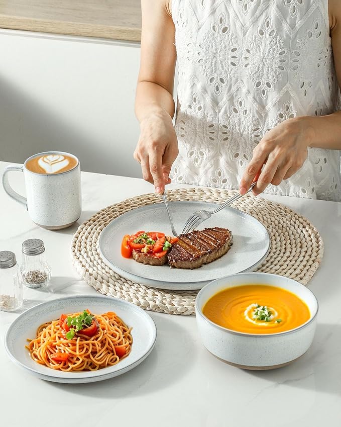 Hasense Plates and Bowls Sets, 3 Pieces Modern Porcelain Dishes Sets, Stoneware Dinnerware Sets with Speckled Pattern, Scratch Resistant Microwave and Dishwasher Safe, White