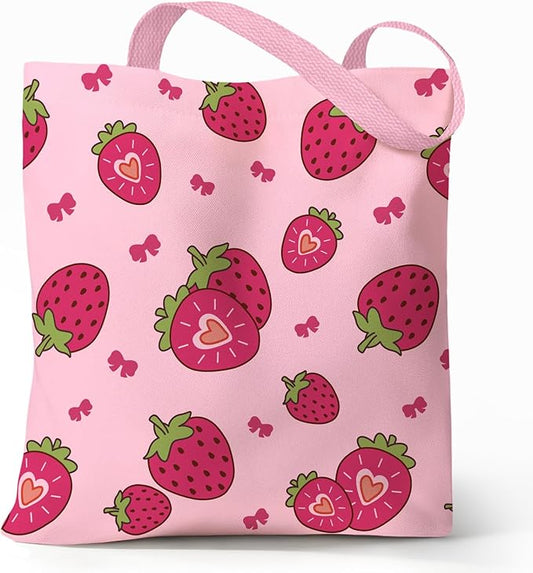 Cute Aesthetic Canvas Tote Bag for Women, Reusable Foldable Shopping Cotton Shoulder Totebag with Zipper Pocket