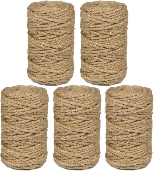 5Pcs 5mm Natural Jute Twine Rope 525 Feet Twisted Heavy Duty Thick Twine for Cat Scratching Post Tree Craft Projects Garden Home Decoration Packing Bundling (Brown-105Feet/Roll)