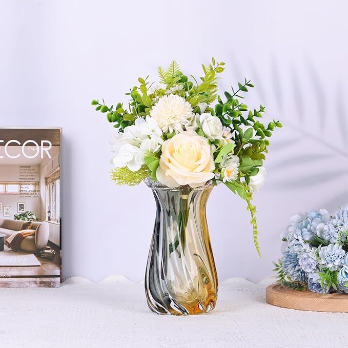 Amber Glass Vase Home Decor, Hand Blown Glass Vases Wide Mouth for Pampas Grass and Flower Decorative, Modern Minimalism Art Murano Clear Glass Vase, Coffee Table, Office Centerpiece