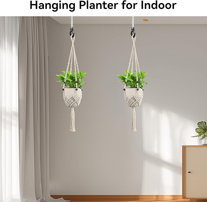 USLAI Macrame Plant Hanger for Indoor Outdoor, Up to 3-6.5 inch Pot, Hanging Planter Flower Pot Holder with Beads and Tassels, Boho Home Decor, 2-Pack, Ivory