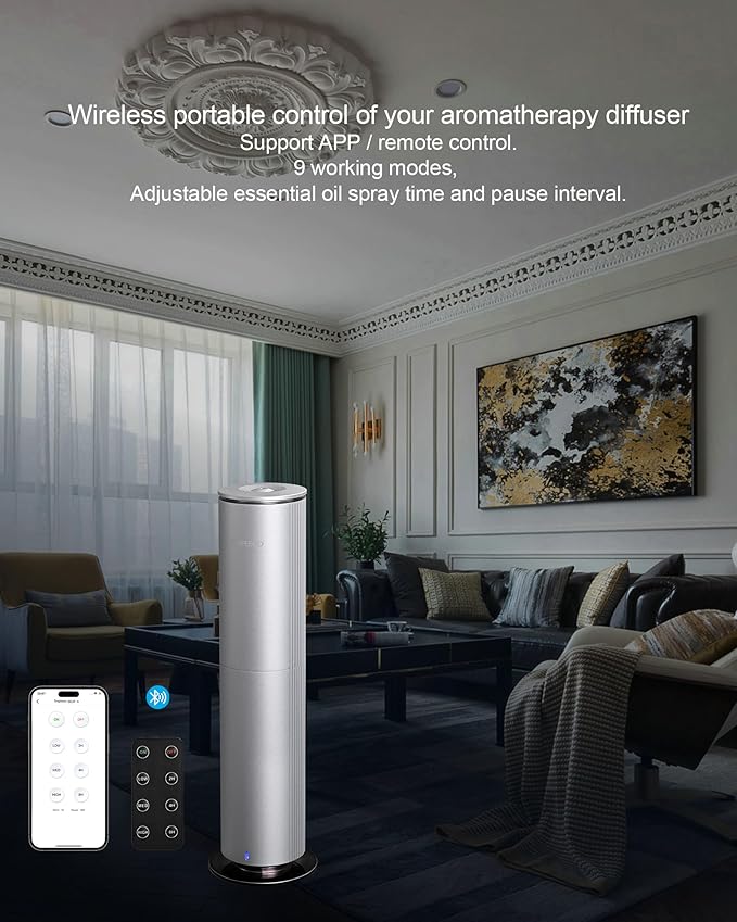 Home Essential Oil Diffuser - Waterless Aromatherapy Diffuser with 120ml Large Capacity, Covers 1200 Sq.Ft, Remote & App Control (Frosted Silver)