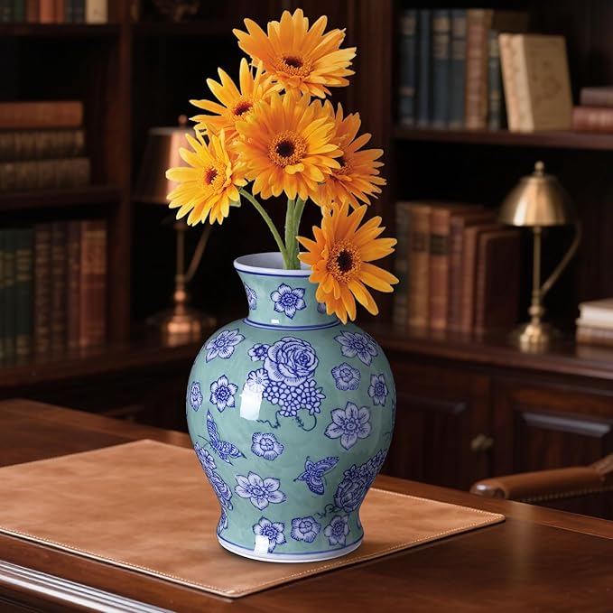 Vintage Chinoiserie Floral Ceramic Vase, Large Rustic Pottery Vases for Living Room, Entryway, Dining Table Centerpiece, Farmhouse Home Décor, Floor or Tabletop Flower Vase, (Green)