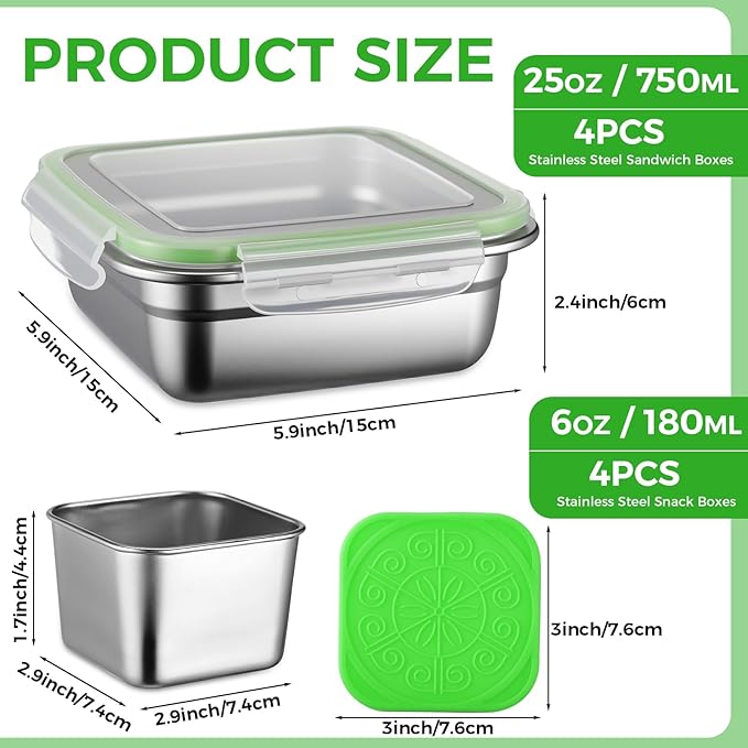 4 Pack Sandwich Containers for 25 Oz and 4 Pack Snack Boxes for 6 oz Stainless Steel Containers with Silicone Lids Reusable Metal Lunch Boxes Dishwasher Safe to Meal Prep Food Storage