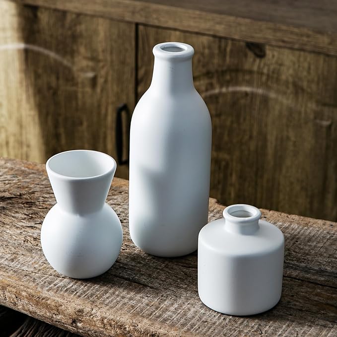 Fake Flowers in Vase for Centerpieces, Faux Flowers in Modern Ceramic Vase Set of 3 with 8 Artificial Autumn Chrysanthemums Artificial Decorative Swags