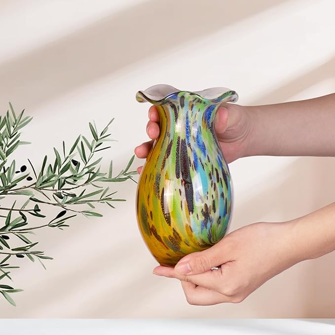 KAMMAK Colored Glass Vase, Beautiful Hand Blown Decorative Vase, Modern Art Vase for Flower Mantle Dining Table Centerpiece, Entryway Living Room Wedding Decoration, FH008