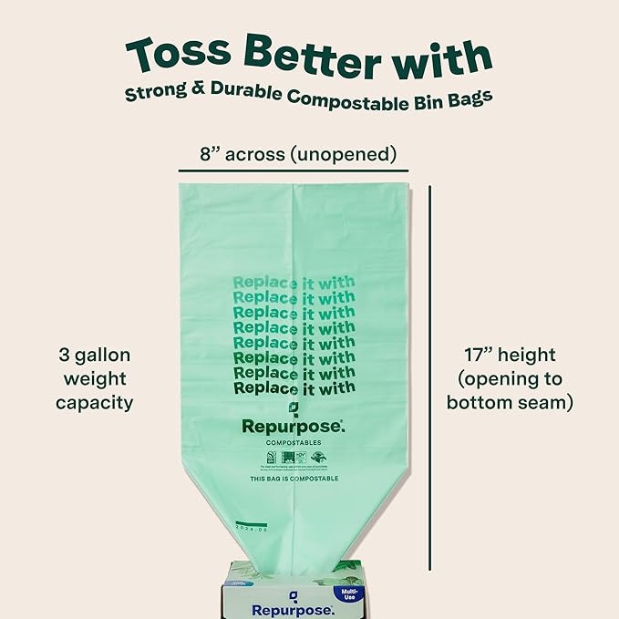 Repurpose 3 Gallon Compostable Small Bin Trash Bags, 100 Bags, BPI Certified, Leak-Proof, FDA Approved, Recyclable Packaging