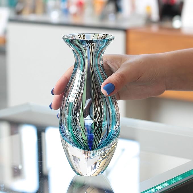 Ca D Oro Small Glass Vase Boho with Blue/Green Canes Hand Blown Murano-Style Art Glass - Model Nº 2