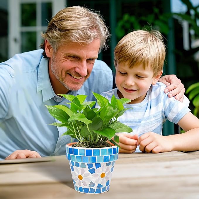 4" Mosaic Terracotta Flower Pot Small Succulent Planter with Drainage Mini Succulent Nursery Pot for Indoor Outdoor Plants Light Blue
