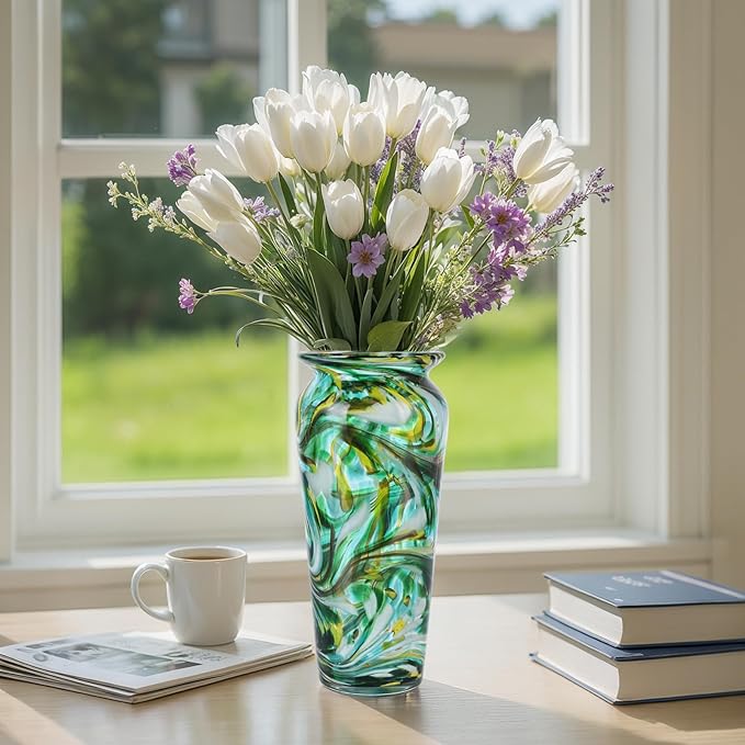 Blown Glass Green vase, Green Home Decorations, Modern Art Wide Mouth vase for Living Room Dining Table Coffee Table entryway TV Cabinet nightstand Centerpiece.