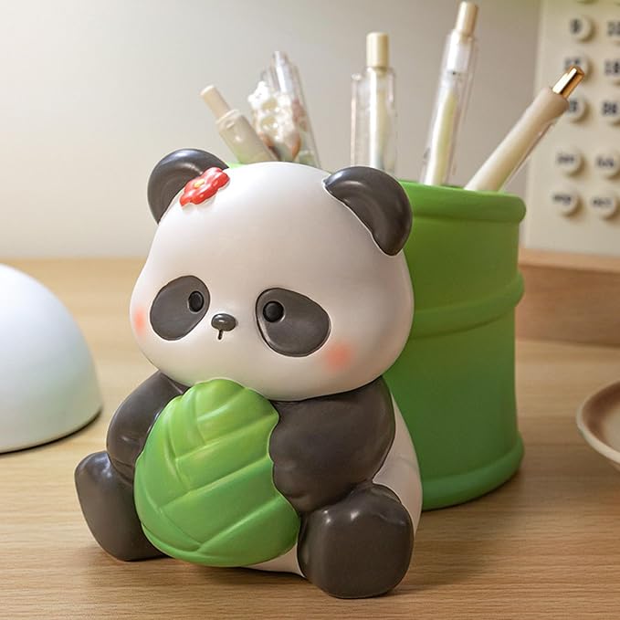 Panda Pen Holder, Cute Bamboo Design Resin Desk Organizer with Multifunctional Storage, for Office School Home Decor
