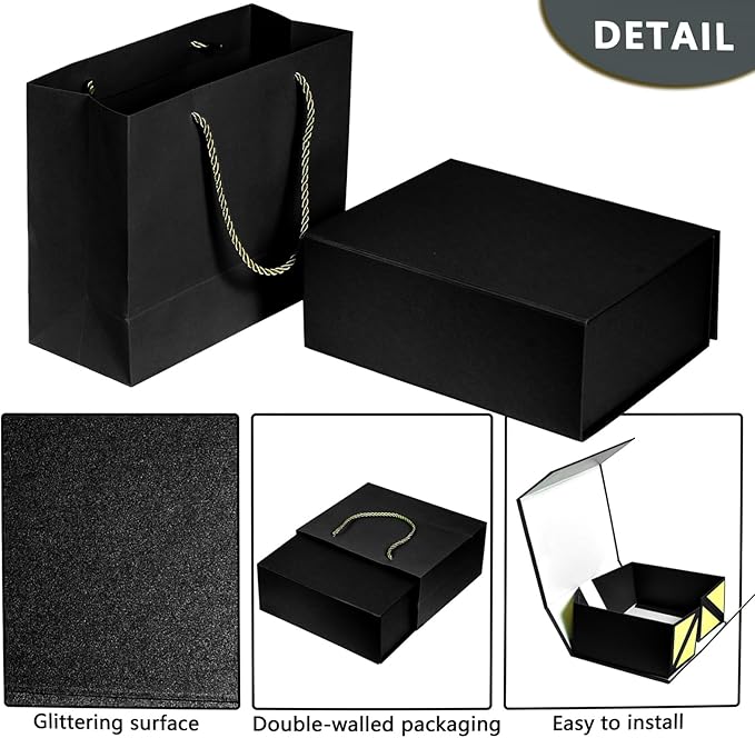 Elegant Gift Boxes with Gift Bag for Presents with Lids Magnetic Closure Rectangle Collapsible for Christmas, Valentine's Day, Birthday Gift Packging (Black)