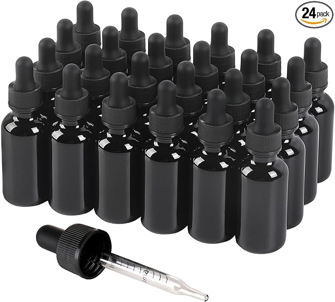 24 Pack,1oz Glass Dropper Bottle,Black Tincture Bottles with Dropper,Pretty Finish for All Kinds of Liquids,Oil Bottles for Hair- Stronger Suction ideal for Leakproof Travel