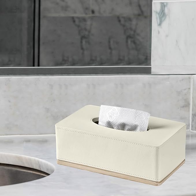 Rectangular Tissue Box Cover for Bathroom,Livingroom,Bedroom, Hand Carved Leather Resin Tissue Box Holder,10 x 5.7 x3.7 in, Beige