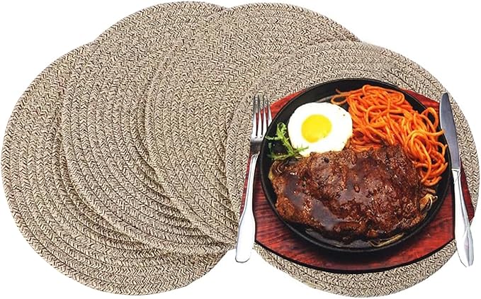 Set of 4 Round Woven Placemats,13.8 inch Plate Chargers Thick Place Mats Cotton Braided Tablemats Rattan Brown Table Mats Weave Placemats for Table Decoration