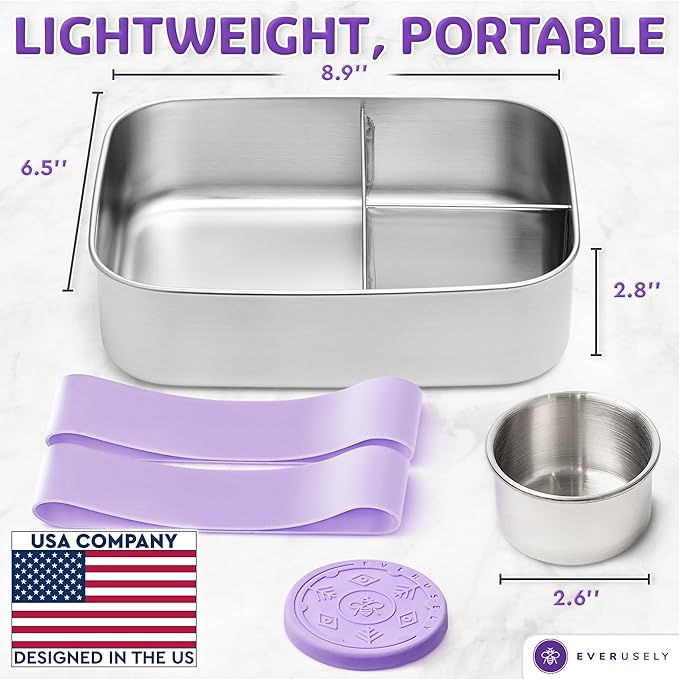 Everusely - Bento Box - Lavender, 60oz / 1.8 L - Stainless Steel Lunch Box with Leakproof Condiment Container - 3 Compartment Snack Organizer for On the Go Meals - Freezer & Dishwasher Safe