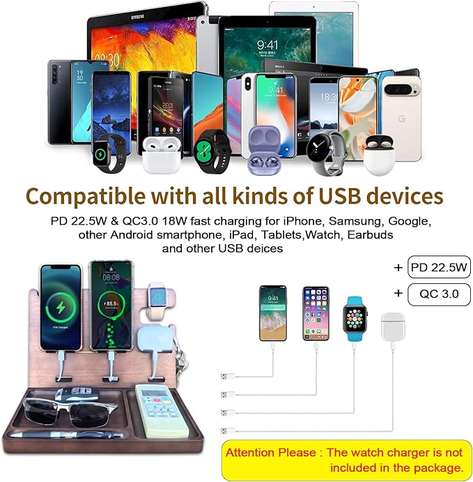 Wood Phone Docking Station Nightstand Organizer Charging Station with QC 3.0 & PD22.5W USB C Charger Fast Charging for iPhone Samsung Android Watch Airpod Anniversary Birthday Gifts for Men