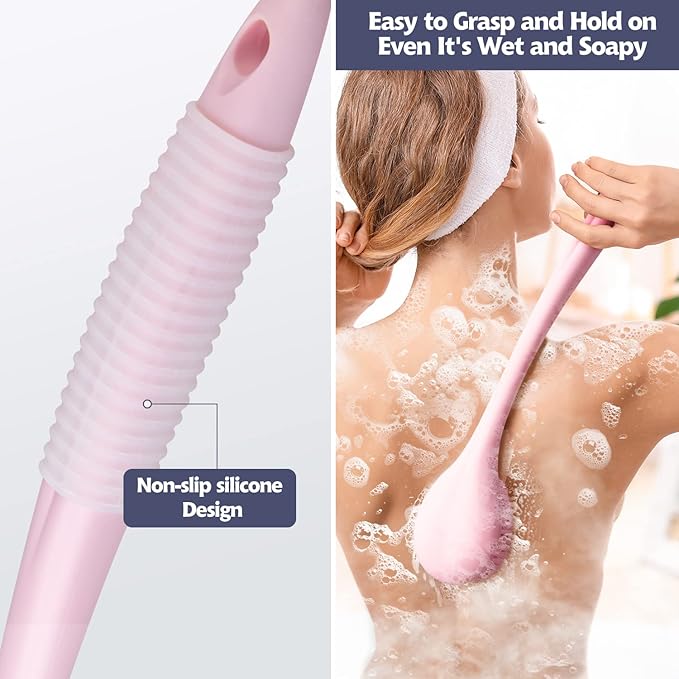 BEDELITE Back Bath Brush Long Handle for Shower - Soft Shower Brush for Men & Women,Back Brush Scrubber(16.4" Long), Skin Exfoliator for Bath Scrubber Body Brush(Pink)