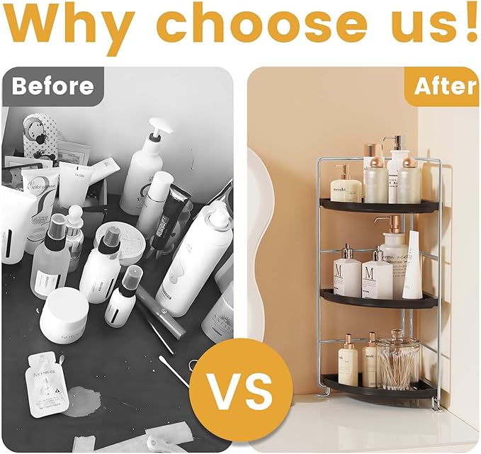 3-Tier Corner Bathroom Organizer Countertop for Storage，Counter Tray and Vanity Organizer，Plastic Counter Organizer for Kithchen, Bathroom, Dresser 10.6 inches (Chrome + Black)