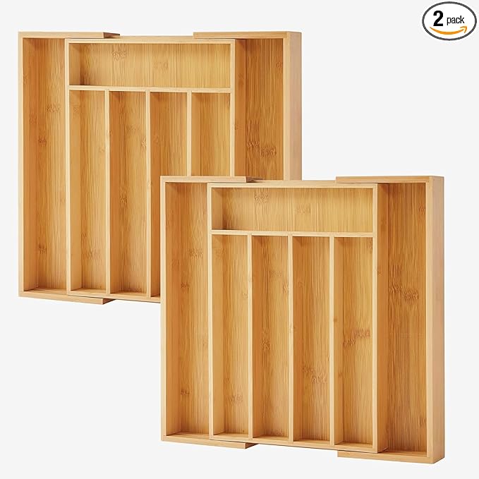 2-Piece Bamboo Silverware Organizer, Expandable Kitchen Drawer Organizer for Cutlery and Utensils, Multifunction Adjustable Bamboo Wood Cutlery Tray in Drawer for Flatware, (Natural)
