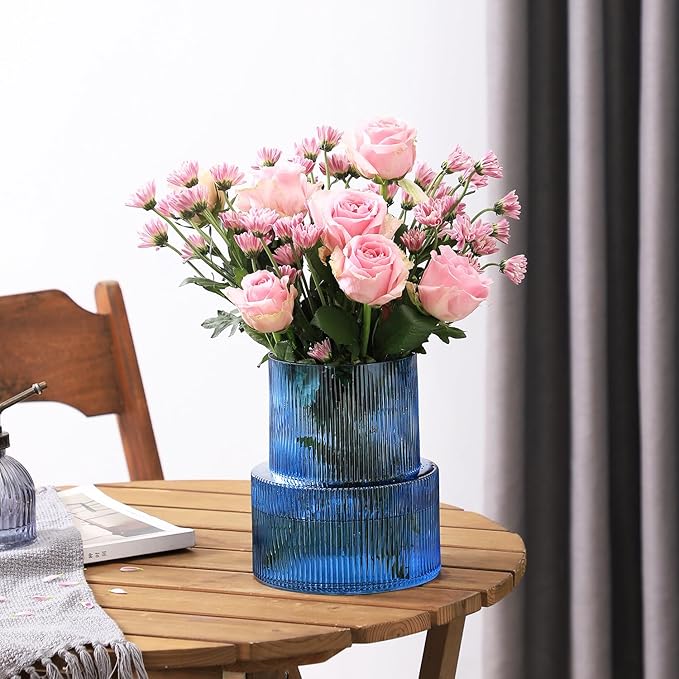 Blue Glass Vase, Ribbed Glass Vase, Fluted Glass Vase, Flower Vase for Bouquet, Ribbed Vase for Flowers, Blue Vase for Living Room, Dining Table, Entryway, Shelf, Wedding, Office,7.5 Inches