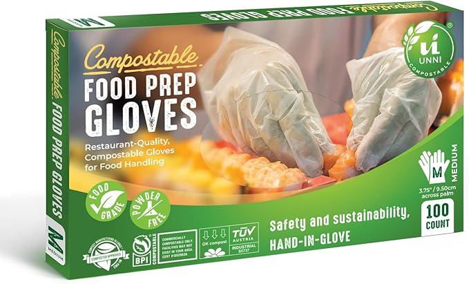 UNNI Compostable Food Prep Gloves, For Food Handling, ASTM D6400, US BPI, CMA & Europe OK Compost Certified