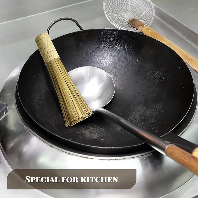 4 Pcs 12 Inches Bamboo Wok Brush Bamboo Kitchen Cleaning Brush Pot Scraper Scrubber Dish Pan for Cooking Skillet Grill Utensils Scrubbing
