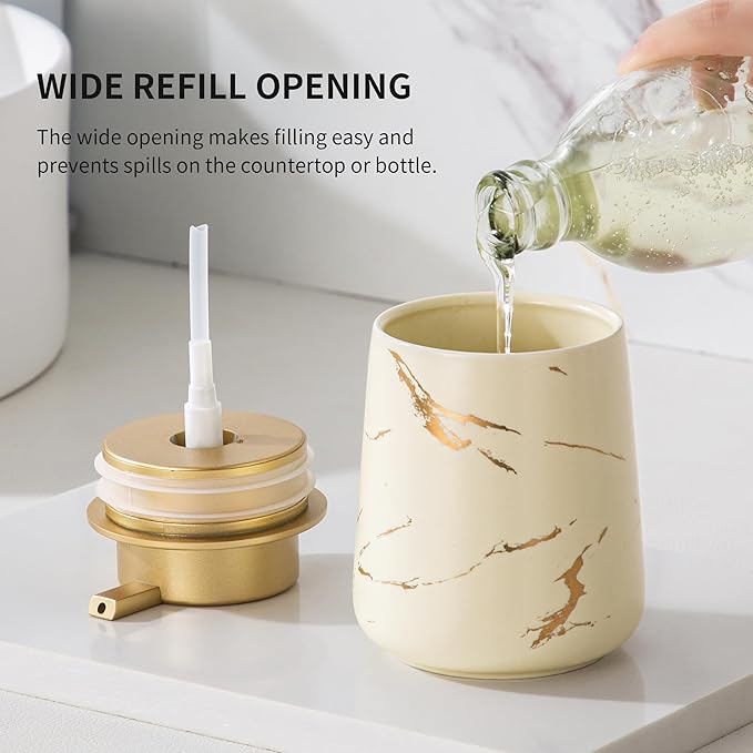 Enra Ceramic Gold Soap Dispenser, 12 oz Modern Liquid Hand Soap Dispenser for Bathroom Kitchen with Easy-to-Press(Glod Liquid Type-Beige)