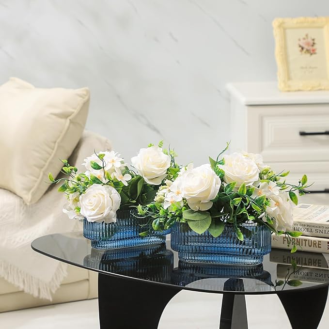 Ribbed Glass Vases, Small Vases for Flowers Set of 2, Blue Glass Vases, Vases for Centerpieces, Bud Vases, Rectangle Vases for Living Room, Bedroom, Kitchen, Dining Table, Shelf, Wedding