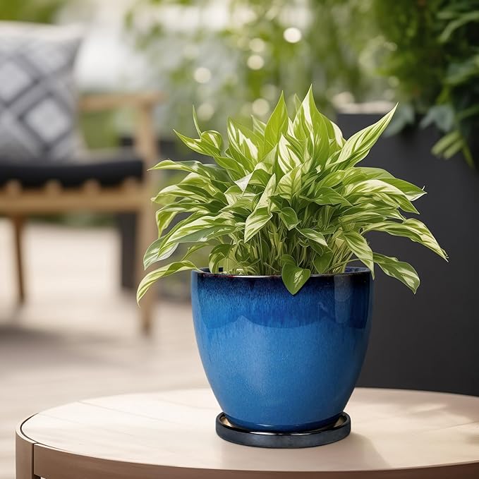Ceramic Planters for Indoor Plants - 6.8 Inch Plant Pot with Drainage Hole and Saucer Round Modern Planter Home Garden Patio Decor Blue