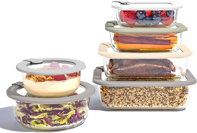 Bentgo Signature Leak-Proof Glass Food Storage - 12-Piece Set, 1-Compartment Plastic-Free Containers with Airtight Glass Lids, BPA-Free, Microwave, Freezer, Oven & Dishwasher Safe (White Stone)