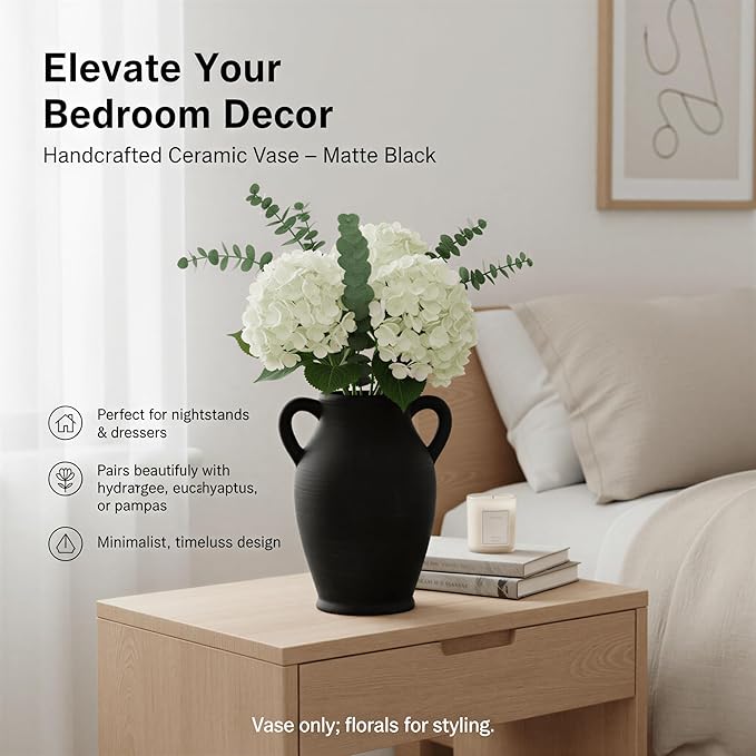 8.1-Inch Black Ceramic Flower Vase with Handles, Rustic Farmhouse Boho Pottery Centerpiece for Table, Living Room & Shelf