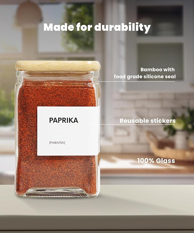 APT 1101 Glass Square Spice Jars with Labels, 4oz Glass Jars with Bamboo Lids, Spice Bottles, Seasoning Organizer, 12 Pack (White)