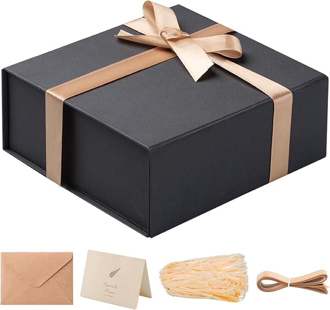LIFELUM Black Gift Box 8 x 7 x 3 inch, Gift Box with lid Magnetic Closure Box Sturdy Box for Gift Includ Greeting Cards,Ribbon,Shredded Paper Filler for Presents (1 Pcs)