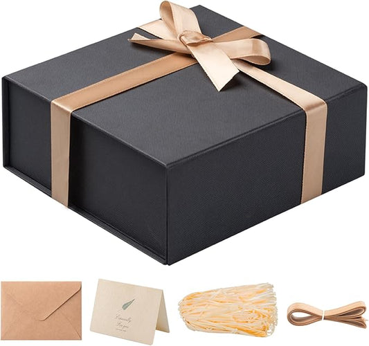 LIFELUM Black Gift Box 8 x 7 x 3 inch, Gift Box with lid Magnetic Closure Box Sturdy Box for Gift Includ Greeting Cards,Ribbon,Shredded Paper Filler for Presents (1 Pcs)