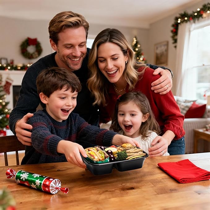 Glotoch Express 300 Pack 32oz Black 2 Compartment Square Meal Prep Containers, Food Storage Containers with Lids for Microwave Dishwasher Freezer Safe