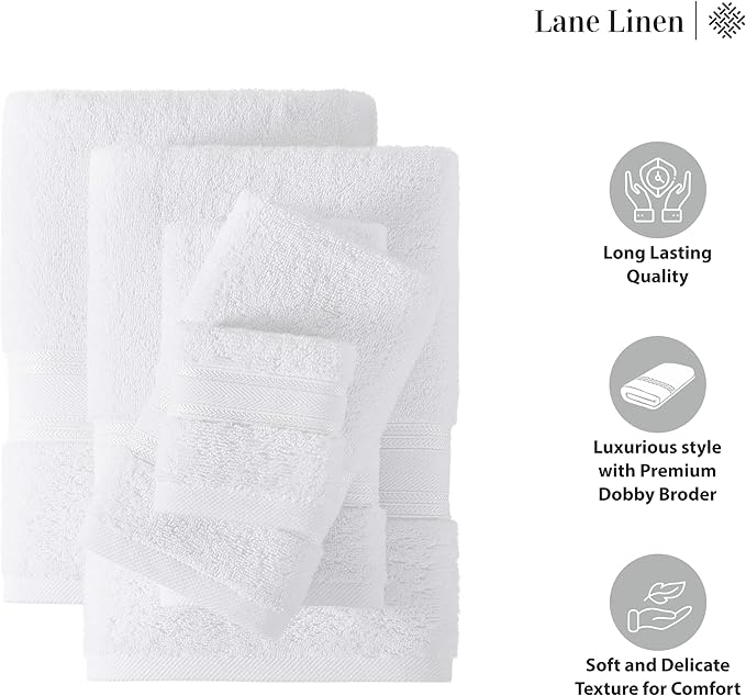 LANE LINEN Luxury Bath Towels Set - 6 Piece 100% CottonBathroom Zero Twist Shower Extra Absorbent Towel Super Soft 2 Hand Wash Cloths White