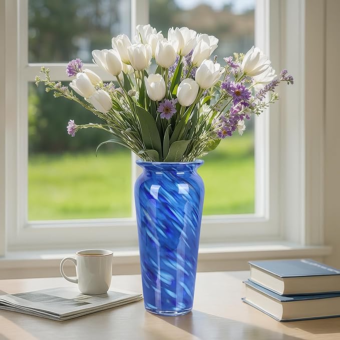 Blown Glass Blue vase, Blue Home Decor, Modern Art Wide Mouth vase for Living Room Dining Table Coffee Table entryway TV Stand nightstand Centerpiece.