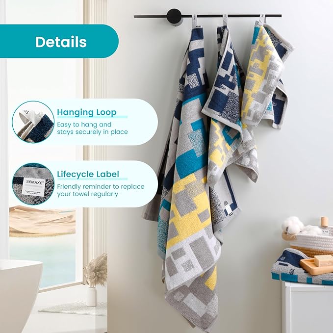 SEMAXE 12-Piece Family Bathroom Towel Set - 100% Cotton, 4 Bath Towels, 4 Hand Towels, 4 Washcloths, Ultra-Soft and Super Absorbent, Lighter Weight