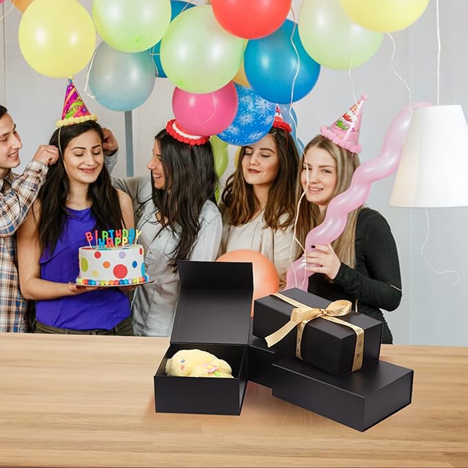 4 Pack 8x8x4 Inches Gift Boxes with Magnetic Closure Lids, Black Magnetic Box for Wedding, Groomsmen Bridesmaid Proposal, Birthdays, Mother's Day