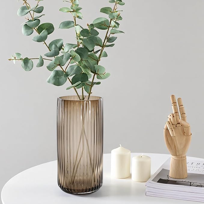 Thick Amber Glass Vase for Flowers, 10 Inch Tall Ribbed Flower Vase for Bouquet, Countertop, Bathroom Vanity, Living Room Decorative Vases for Flowers, Kitchen Shelf, Dining Table, Entryway