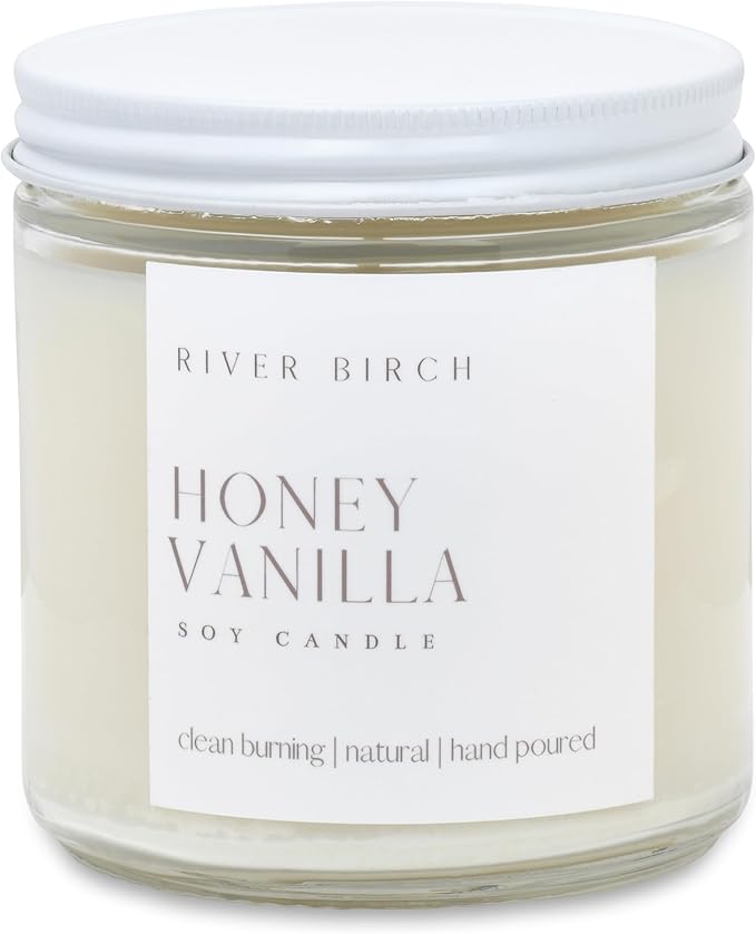 River Birch Honey Vanilla Scented Candle - Premium, All-Natural, Non-Toxic, Soy Wax - 16oz Clear Jar