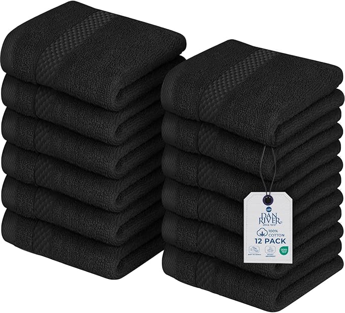 DAN RIVER 12-Pack Premium 100% Cotton Black Face Towels – Reusable Face Towel Set, Soft & Absorbent Rough Wash Cloths for Bathroom & Body – Hand and Face Towels, 550 GSM (12x12 in)