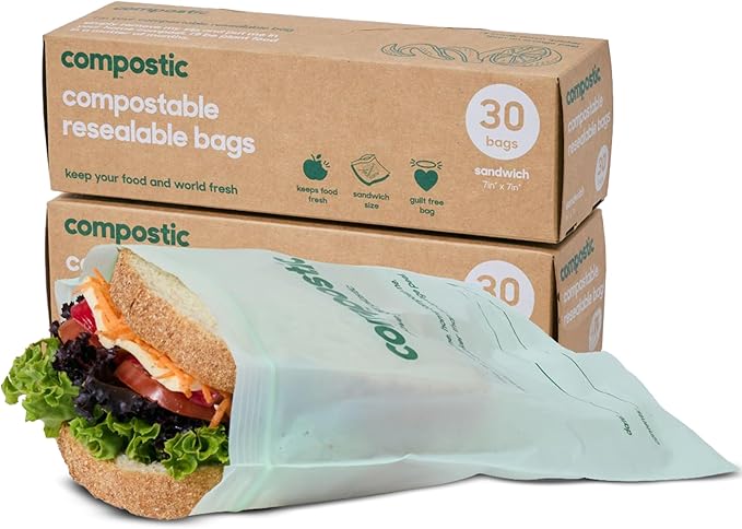 Compostic Home Compostable Resealable Sandwich Bags (7"x7"), Microwave & Freezer Safe, Organic Food Storage Container, 60 Count