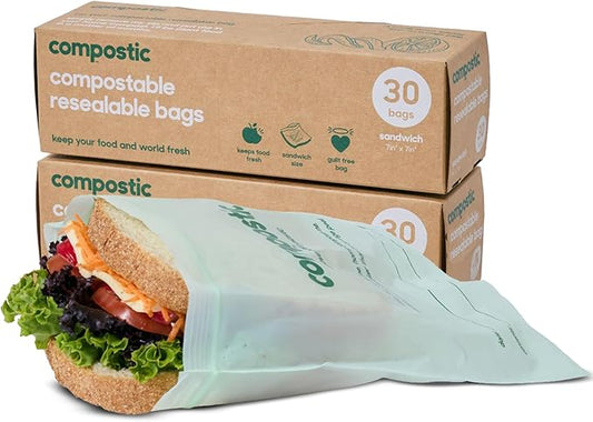 Compostic Home Compostable Resealable Sandwich Bags (7"x7"), Microwave & Freezer Safe, Organic Food Storage Container, 60 Count