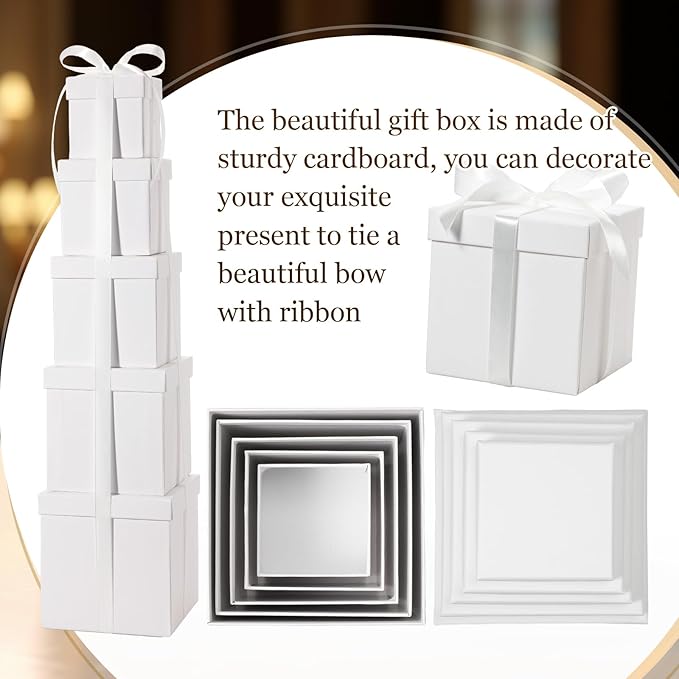 Cholemy 5 Pcs Square Nesting Boxes Decorative Gift Boxes with Lid and Ribbon Assorted Sizes Wrap for Wedding, Thanksgiving, Christmas, Anniversary, Birthday, Bridal Party(White)